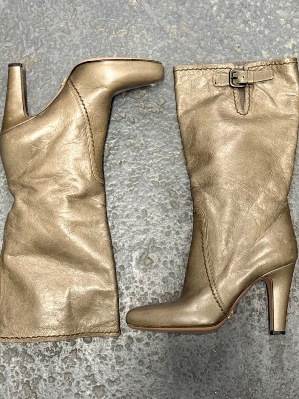 PRADA TAUPE MID CALF LEATHER BOOTS